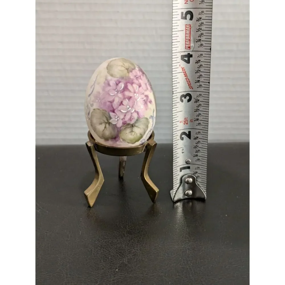 Vintage Hand Painted Decorative Floral Porcelain/Ceramic Egg w/‎ brass stand